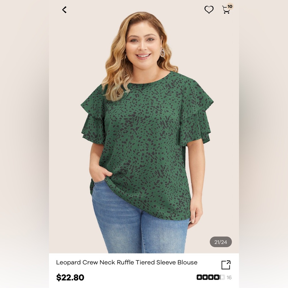 NWT 3X BloomChic Green Leopard Crew Neck Ruffle Tiered Sleeve Blouse